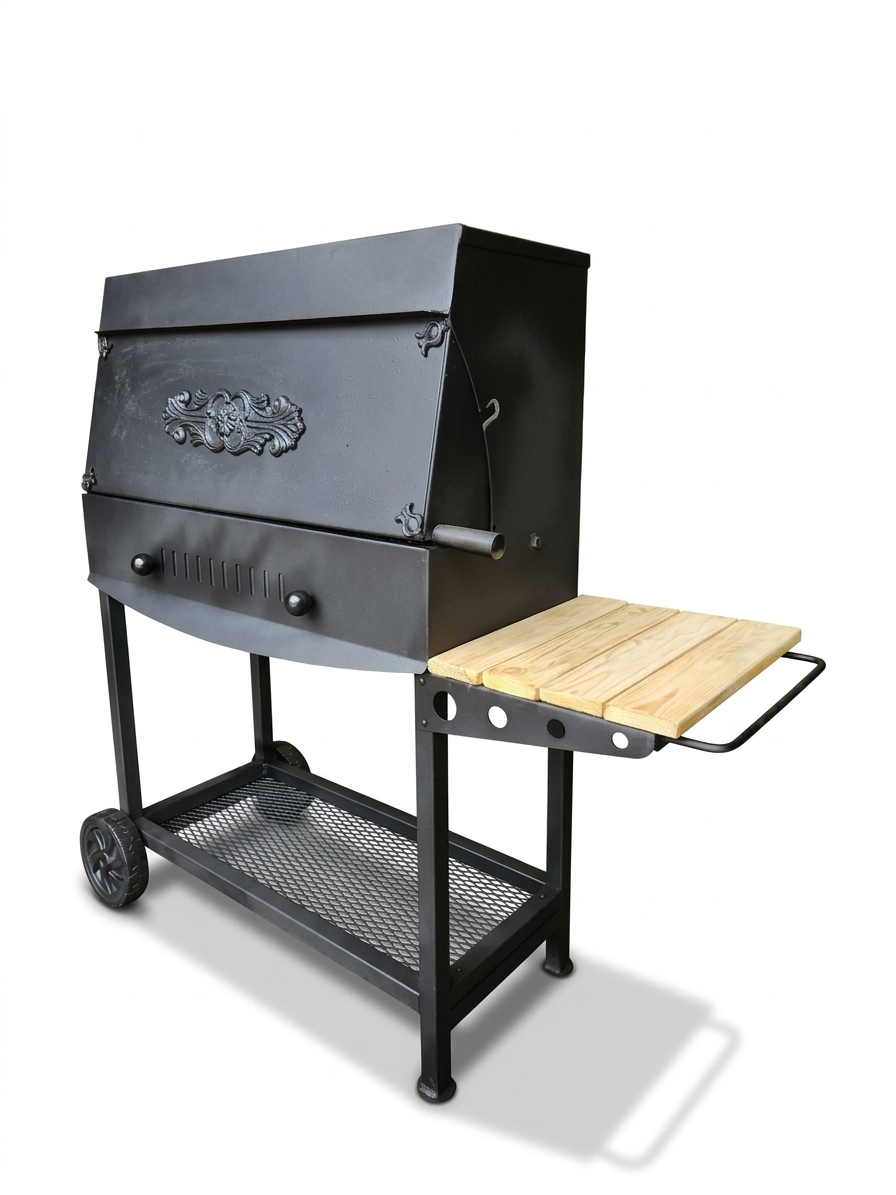 Usta Grill 1.5mm Kalın Sac Profesyonel Bahçe Mangalı - 75cm Kapaklı Barbekü - Tekerlekli & Sehpalı